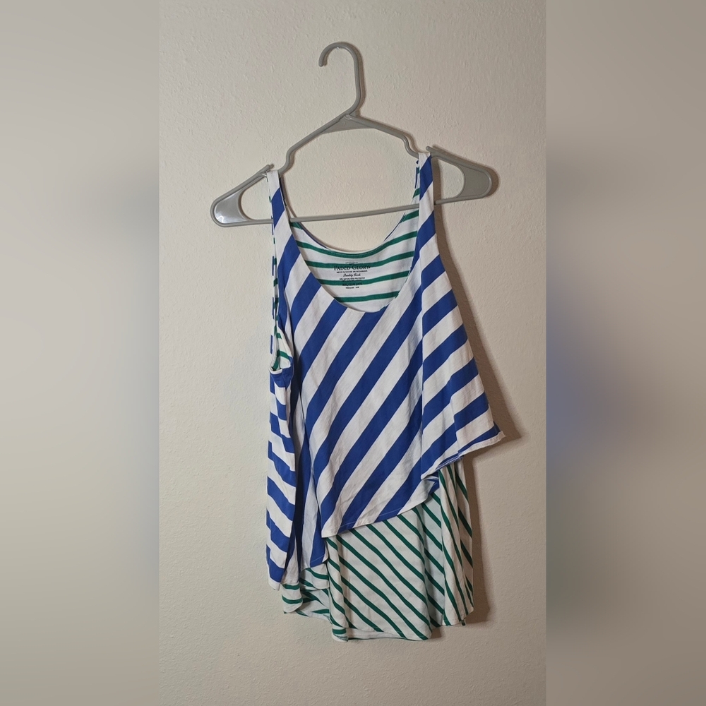 Faded Glory Striped Layered Summer Casual Tank Top Blue Green Asymmetrical XXL